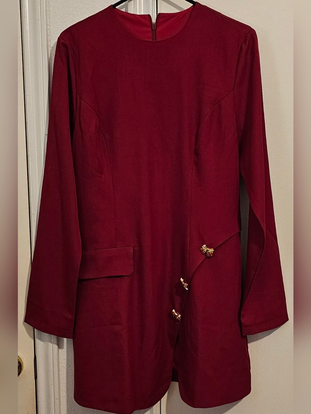 Women’s Long Sleeve Burgundy Coat with Decorative Buttons